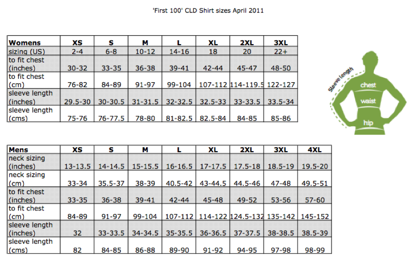 CLD First 100 Shirt Size Chart